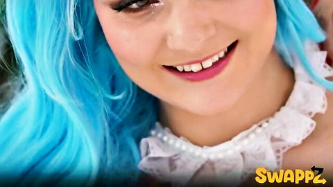 Smiling blue-haired cosplay teen babe with lacy pearl collar teasing seductively