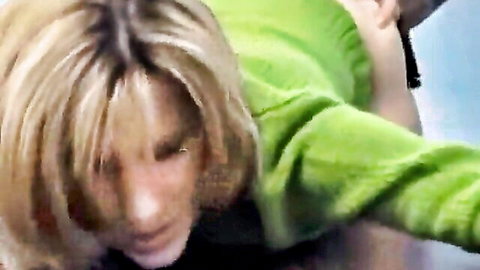 Blonde MILF in green sweater moans in ecstasy during rough sex