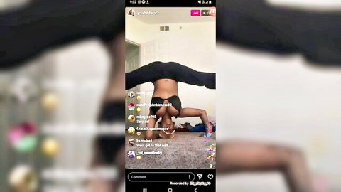 Ebony babe nip slip in IG live upside down yoga split pose
