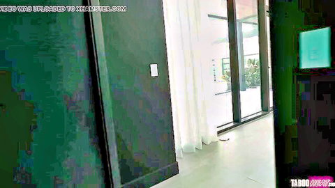 Empty green bedroom interior with white curtains and glass door from taboo adult video