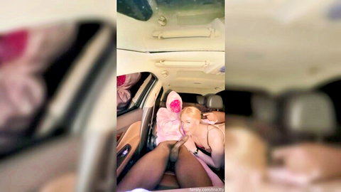 Tna3ty in pink bunny outfit doing throat training blowjob in car with daddy