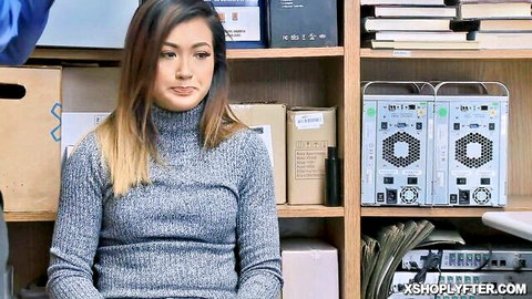Aubrey in tight grey sweater pouting in office tease with Tommy Gunn