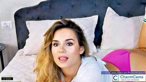 Helen Waldorf teases in white top and pink panties on bed, hot exhibition