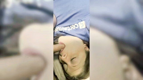 Amateur wife wakes up to deepthroat blowjob after party in blue shirt