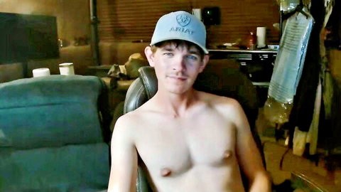 Shirtless young twink Ethan in Ariat cap, amateur gay tease
