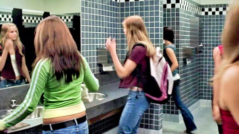 Brittany Snow with friends in school bathroom mirror scene, John Tucker Must Die 2006