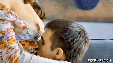 Busty woman in floral dress has breast kissed by man in Ferr-Art HD trailer