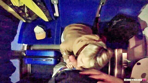 Blonde woman gives intense blowjob in airplane cabin, epic facial cumshot