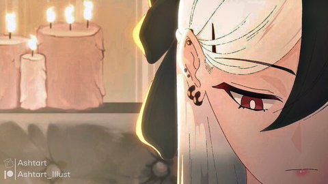 Anime Kayoko white hair red eyes piercings seductive closeup blowjob teaser