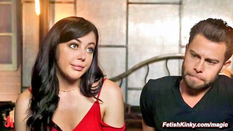 Seth Gamble with brunette in red dress, bondage tease preview
