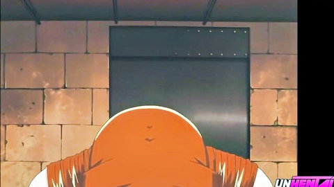 Anime stepmother in orange outfit from behind in kinky bondage scene