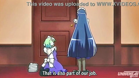 Anime maid in purple outfit peeks while blue-haired girl stands by door