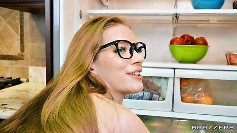 Erin Everheart topless blonde in glasses, teasing nude pose