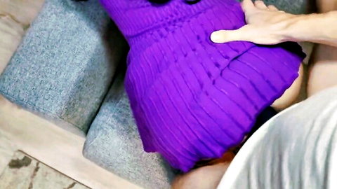 Hot stepmom in purple dress pulls down panties for stepson