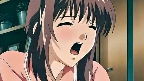 Anime MILF with brown hair and flushed moaning face in pink top, hentai trailer