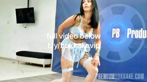 Alexa Throat in blue lace lingerie and stockings, bukkake BTS