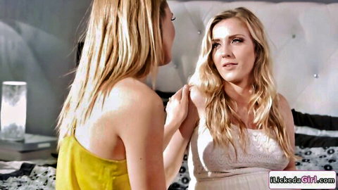 Blonde MILF intimately touches pregnant stepdaughter on bed