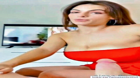 Alexa busty brunette with huge tits in red tube top, ready to suck cock