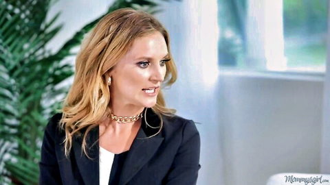 Blonde lesbian mom in blazer meets girlfriend at home, seductive expression