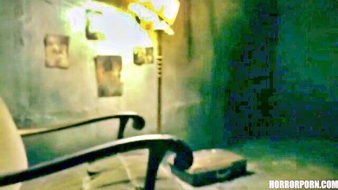Eerie horror porn setup with vintage chairs and suitcase, bimbo adventure awaits
