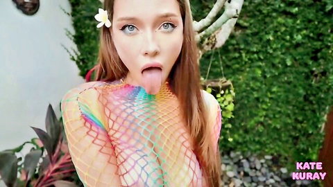 Kate Kuray in sheer colorful mesh top, tongue out teasing blowjob