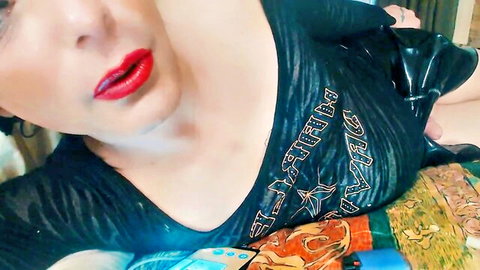 Femboy sissy in green top and black outfit with red lips for JOI