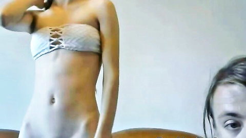 Shy teen in white lace-up bikini top teases slim body before riding big cock