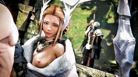 3D CGI busty antlered elf exposing huge bare tits and pink nipples in open fur cape