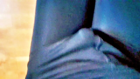 POV of huge hard cock bulging through tight blue yoga pants