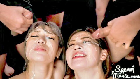 Haruka Suzuno and Miku Aida faces covered in cum in bukkake scene