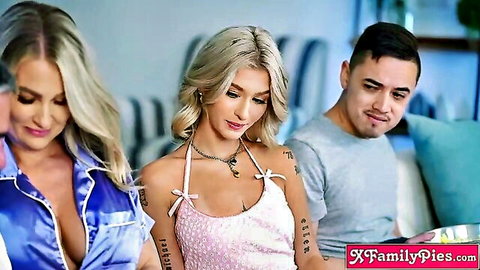 Blonde women in lingerie teasing man in family swap threesome preview