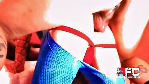 Spider-Man cosplay babe sucking thick cock through red harness blowjob