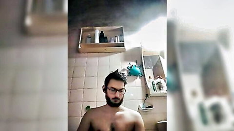 Brunette guy topless in bathroom cam show, dirty talk Stripchat session