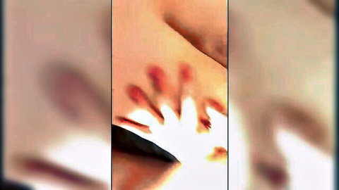 Blurry triptych close-up of red-nailed fingers spreading pink pussy lips