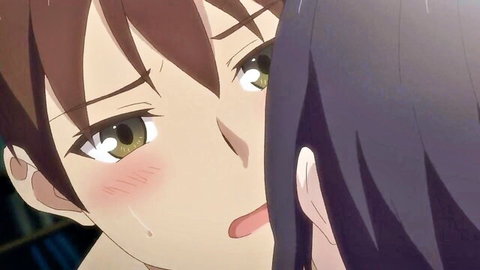 Blushing anime boy with tongue out and teary eyes as black-haired hentai girl leans in close teasingly