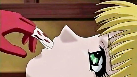 Blonde hentai girl with green eyes teased by red gloved hand finger on her lips