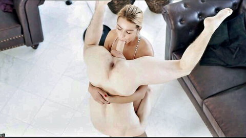Cherry Kiss strong blonde lifts man for deep blowjob