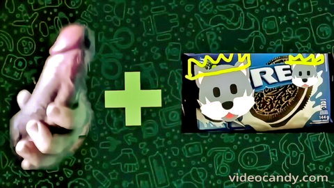 Man stroking erect penis near Oreo cookies with cartoon dogs