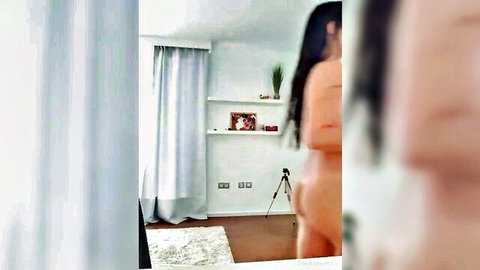 Amateur nude brunette shows bare ass from behind in bedroom solo