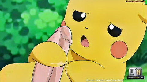 Pikachu hentai parody sucking big thick cock with surprised open mouth expression