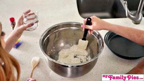Fair skin girls mixing batter in kitchen for hot family pies threesome