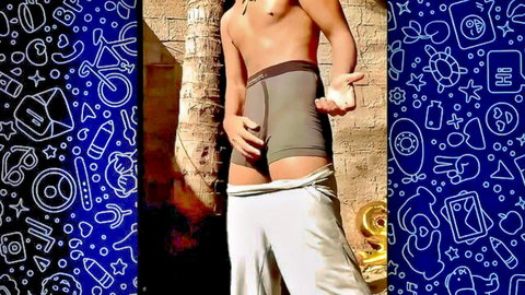 Shirtless Brazilian hunk pulls down gray briefs exposing tight bare ass cheeks outdoors