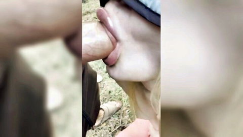 Blonde babe outdoors slurping thick cock with cum dripping from lips