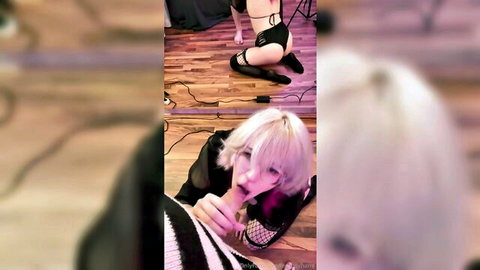 Femboy Hami giving intense blowjob in glasses and black lingerie with mirror reflection