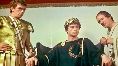 Dramatic ancient Roman scene with Caligula emperor in purple robe and armored guards