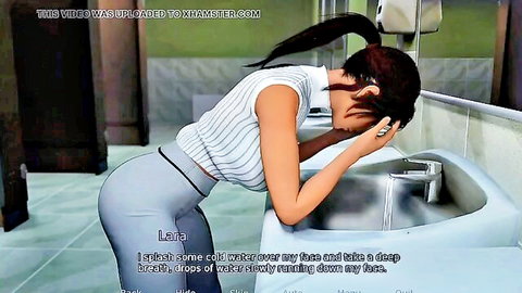 3D cartoon babe Lara bends over sink washing face with tight pants hugging perfect ass