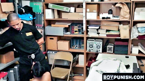 Black security guard gets blowjob from kneeling Latina in cluttered storage room