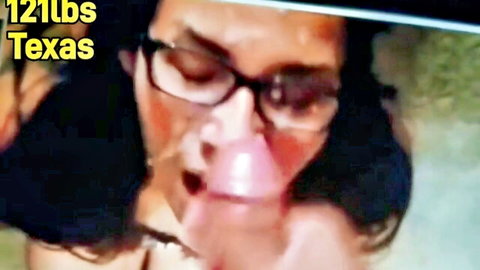 Ebony Texas gym slut babe in glasses sucking cock, 121lbs exposed oral