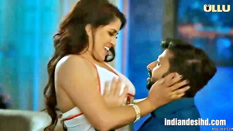 Desi bhabhi in white lingerie embracing devar intimately in Ullu series