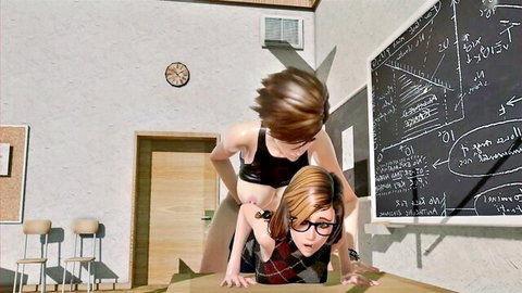 Two glasses-wearing women in lesbian domination scene, one bent over desk